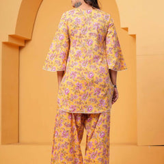 Women's Yellow Floral Printed Pure Cotton Kurti Farshi Salwar Set