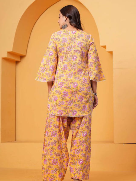 Women's Yellow Floral Printed Pure Cotton Kurti Farshi Salwar Set