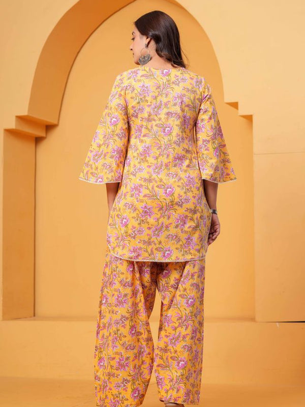 Women's Yellow Floral Printed Pure Cotton Kurti Farshi Salwar Set