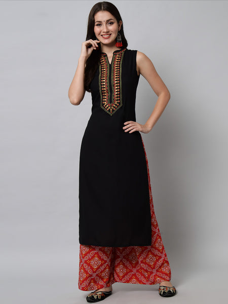 Black Embroidered Thread Work Kurta Front