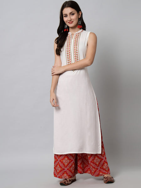 White Ethnic Motifs Thread Work Kurta 