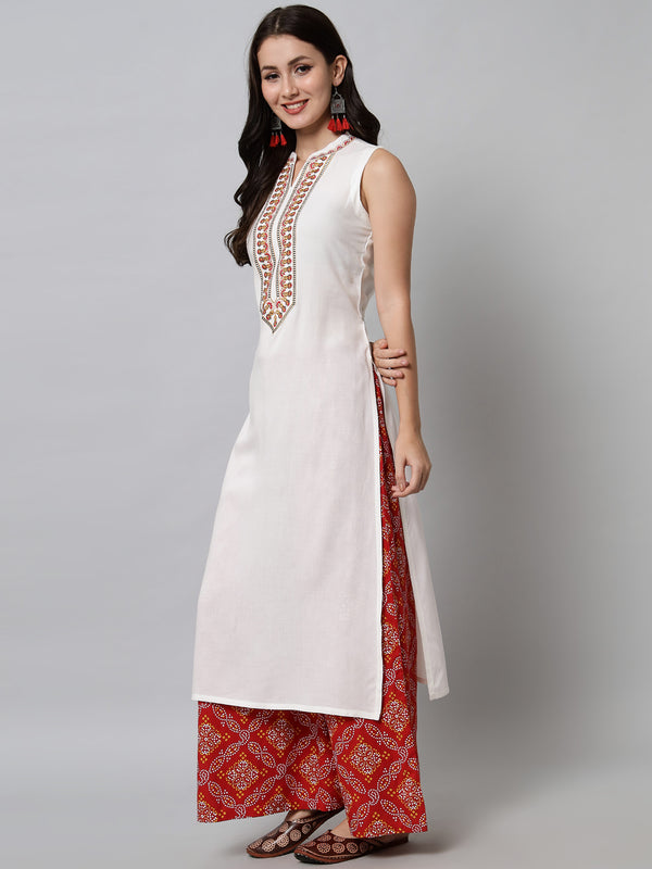 White Ethnic Motifs Thread Work Kurta Side
