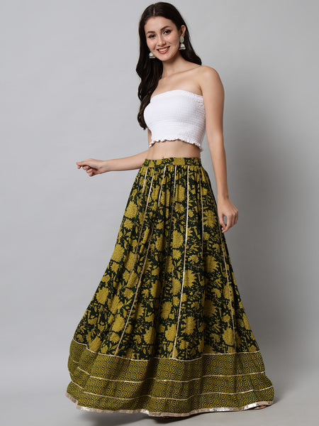 Green Printed Flared Maxi Skirt Standing
