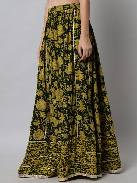 Green Printed Flared Maxi Skirt Side View
