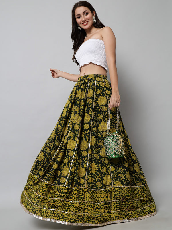 Green Printed Flared Maxi Skirt 