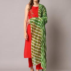 Red Embroidered Kurta Set Front