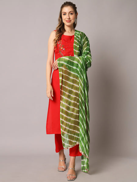 Red Embroidered Kurta Set Front