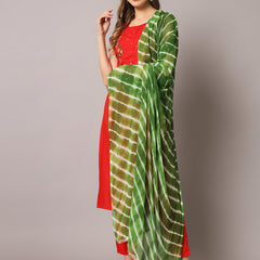 Red Embroidered Kurta Set Standing