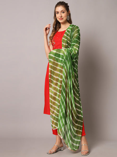 Red Embroidered Kurta Set Standing