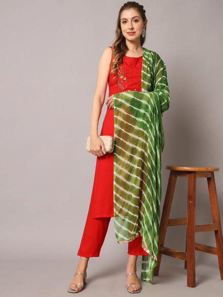 Red Embroidered Kurta Set