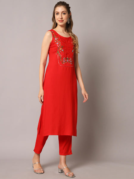 Red Embroidered Kurta Set Image