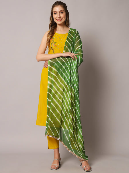 Yellow Embroidered Kurta Set Front