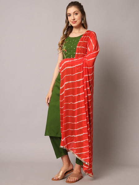 Green Embroidered Kurta Set Front