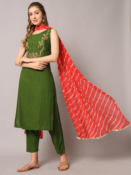 Green Embroidered Kurta Set Standing