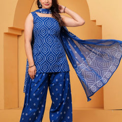 Women's Blue Printed Pure Cotton Kurti Farshi Salwar Dupatta Set