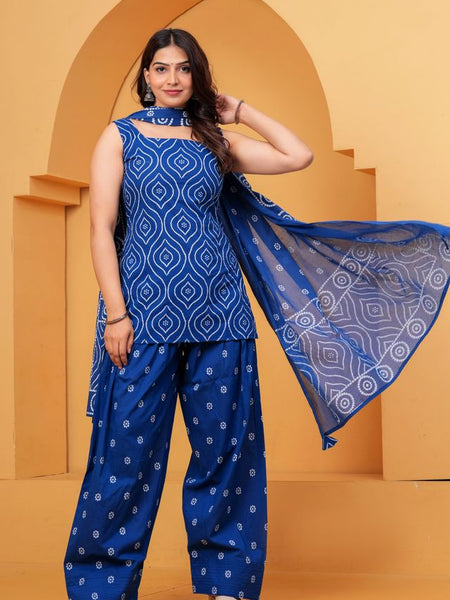 Women's Blue Printed Pure Cotton Kurti Farshi Salwar Dupatta Set
