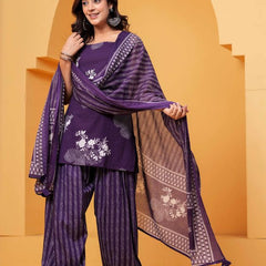 Women's Purple Floral Printed Pure Cotton Kurti Pant Dupatta Set