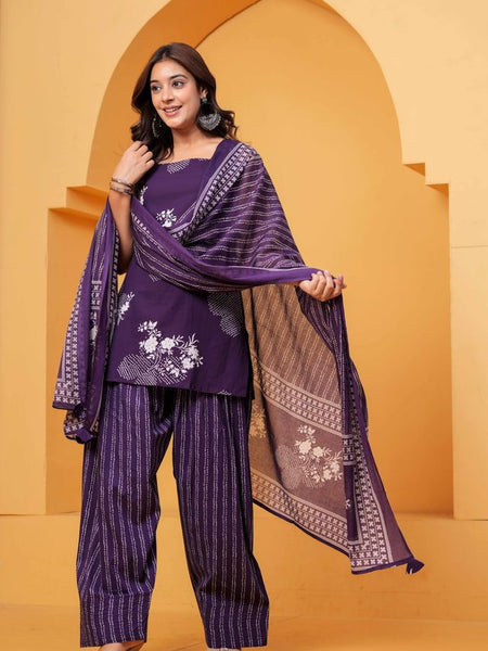 Women's Purple Floral Printed Pure Cotton Kurti Pant Dupatta Set