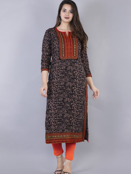 Women Brown Geometric Printed Thread Work Kurta