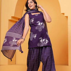 Women's Purple Floral Printed Pure Cotton Kurti Pant Dupatta Set