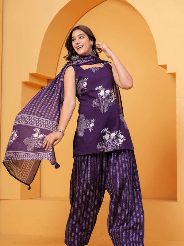 Women's Purple Floral Printed Pure Cotton Kurti Pant Dupatta Set