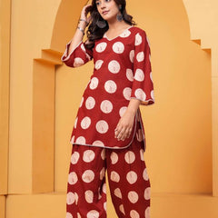 Women's Maroon Printed Pure Cotton Kurti Farshi Salwar Set