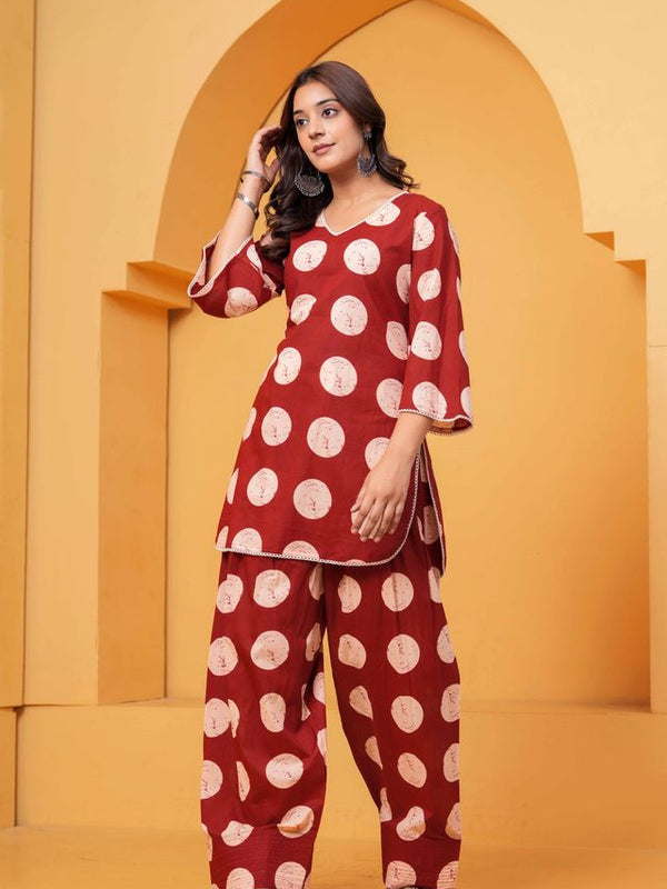 Women's Maroon Printed Pure Cotton Kurti Farshi Salwar Set