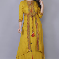 Women Yellow Ethnic Motifs Embroidered & Mirror Work Layered Kurta
