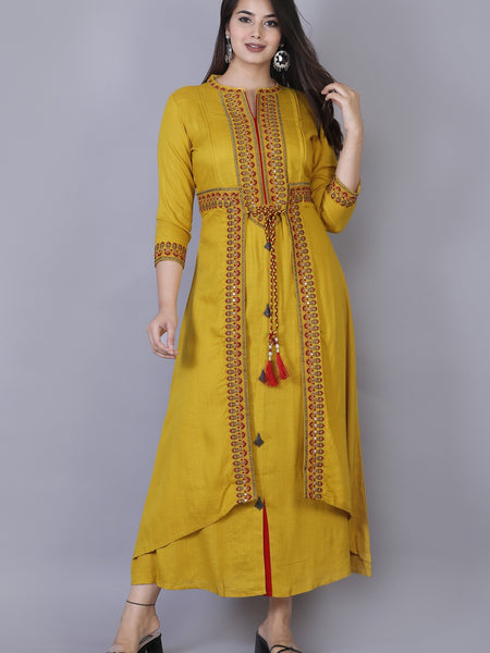 Women Yellow Ethnic Motifs Embroidered & Mirror Work Layered Kurta