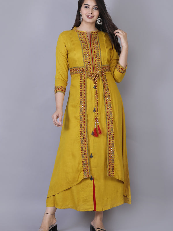 Women Yellow Ethnic Motifs Embroidered & Mirror Work Layered Kurta