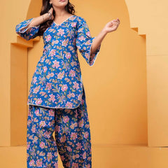 Women's Blue Printed Cotton Kurti Farshi Salwar Set