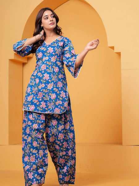 Women's Blue Printed Cotton Kurti Farshi Salwar Set