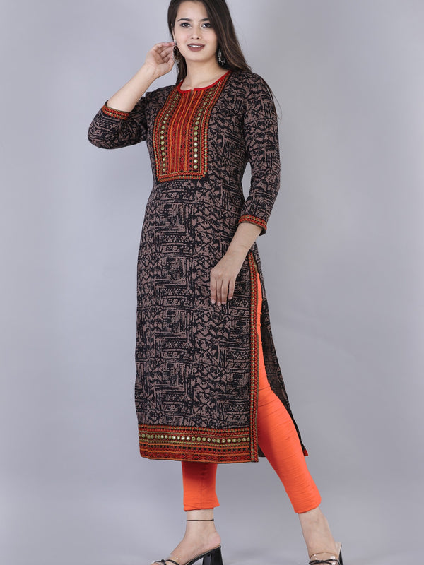Women Brown Geometric Printed Thread Work Kurta