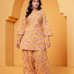 Women's Yellow Floral Printed Pure Cotton Kurti Farshi Salwar Set