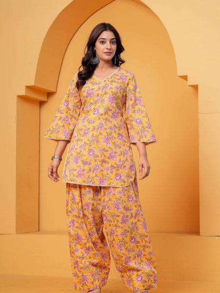 Women's Yellow Floral Printed Pure Cotton Kurti Farshi Salwar Set