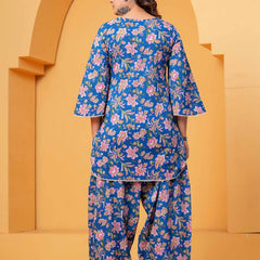 Women's Blue Printed Cotton Kurti Farshi Salwar Set