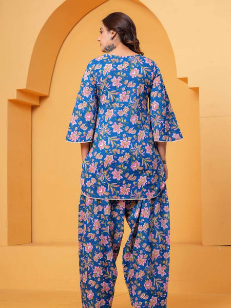 Women's Blue Printed Cotton Kurti Farshi Salwar Set