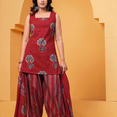 Women's Red Floral Printed Pure Cotton Kurti Farshi Salwar Dupatta Set