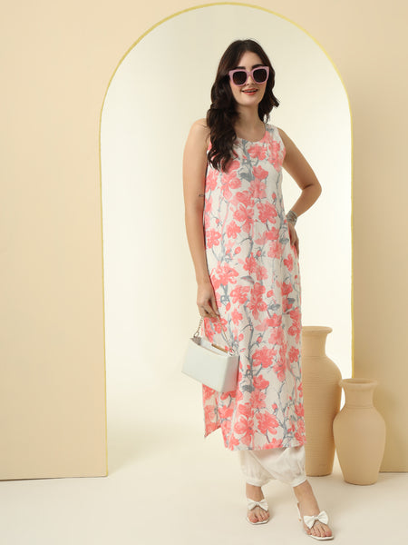 Floral Printed Round Neck Straight Kurta
