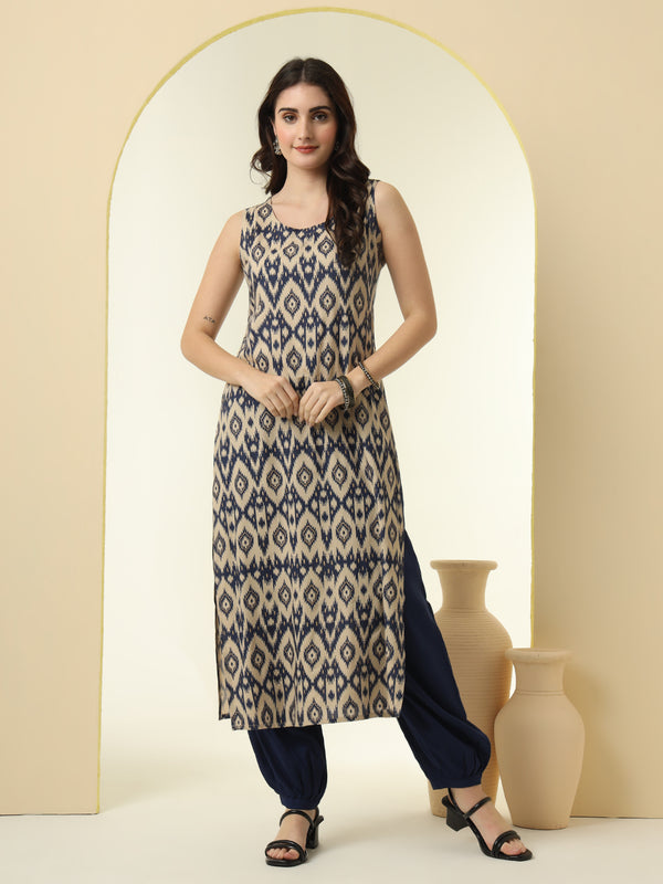 Geometric Printed Round Neck Sleeveless Kurta