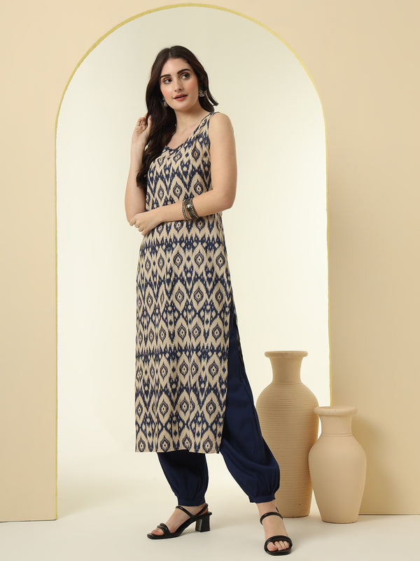Geometric Printed Round Neck Sleeveless Kurta