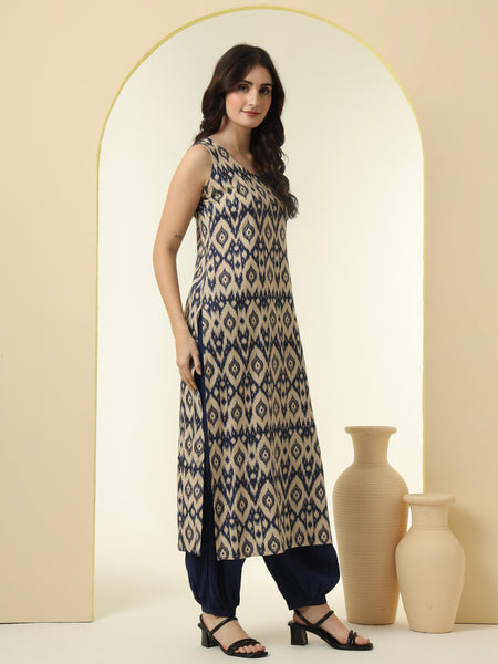 Geometric Printed Round Neck Sleeveless Kurta