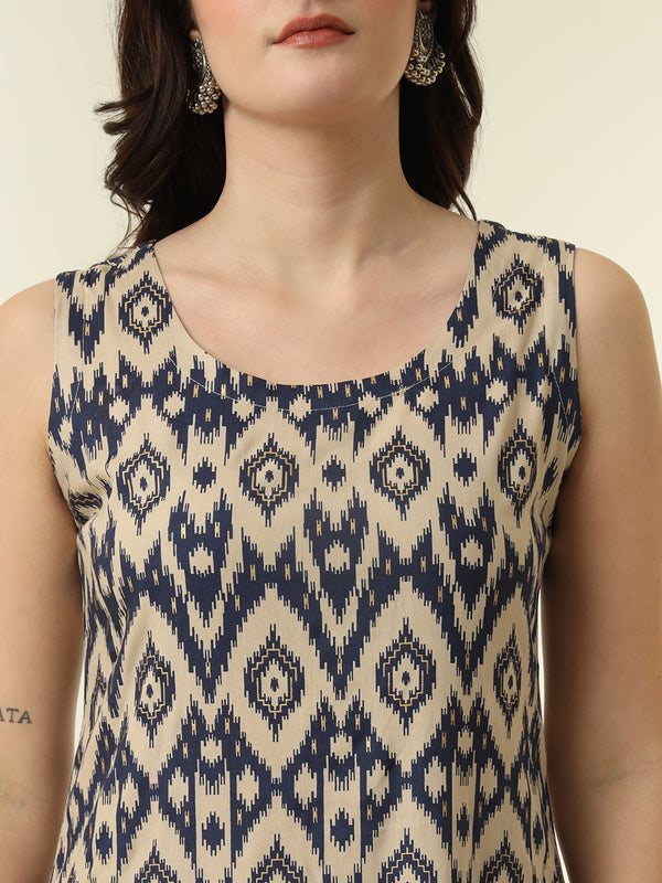 Geometric Printed Round Neck Sleeveless Kurta