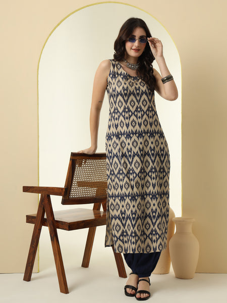 Geometric Printed Round Neck Sleeveless Kurta