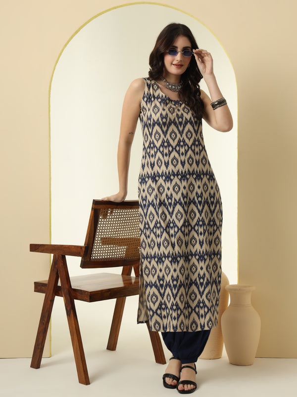 Geometric Printed Round Neck Sleeveless Kurta