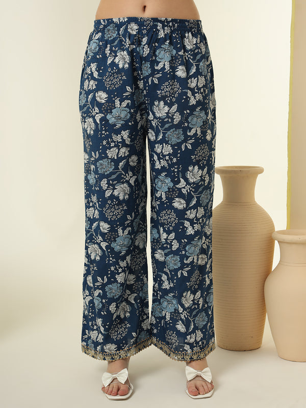 Floral Printed Sequinned Round Neck Pure Cotton Straight Kurta With Palazzos