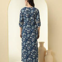 Floral Printed Sequinned Round Neck Pure Cotton Straight Kurta With Palazzos