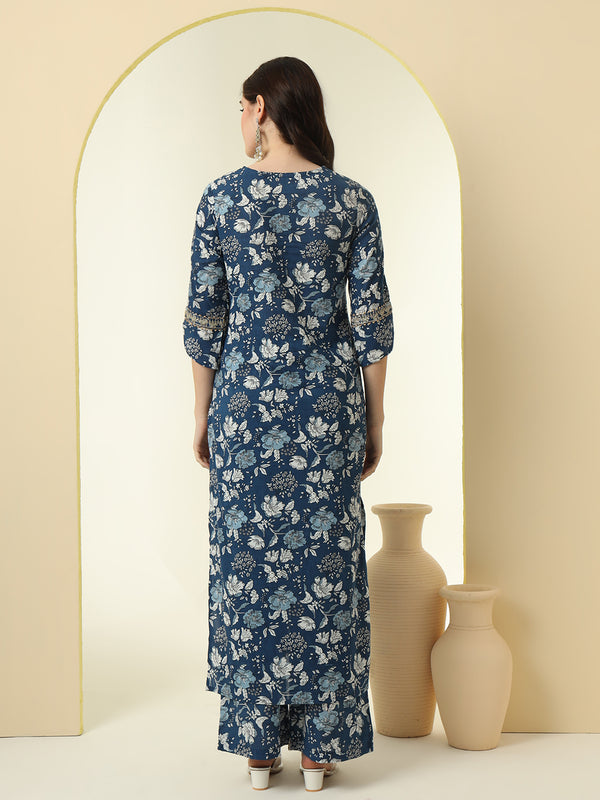 Floral Printed Sequinned Round Neck Pure Cotton Straight Kurta With Palazzos