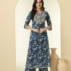 Floral Printed Sequinned Round Neck Pure Cotton Straight Kurta With Palazzos