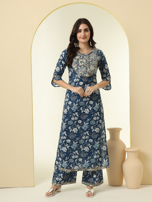 Floral Printed Sequinned Round Neck Pure Cotton Straight Kurta With Palazzos
